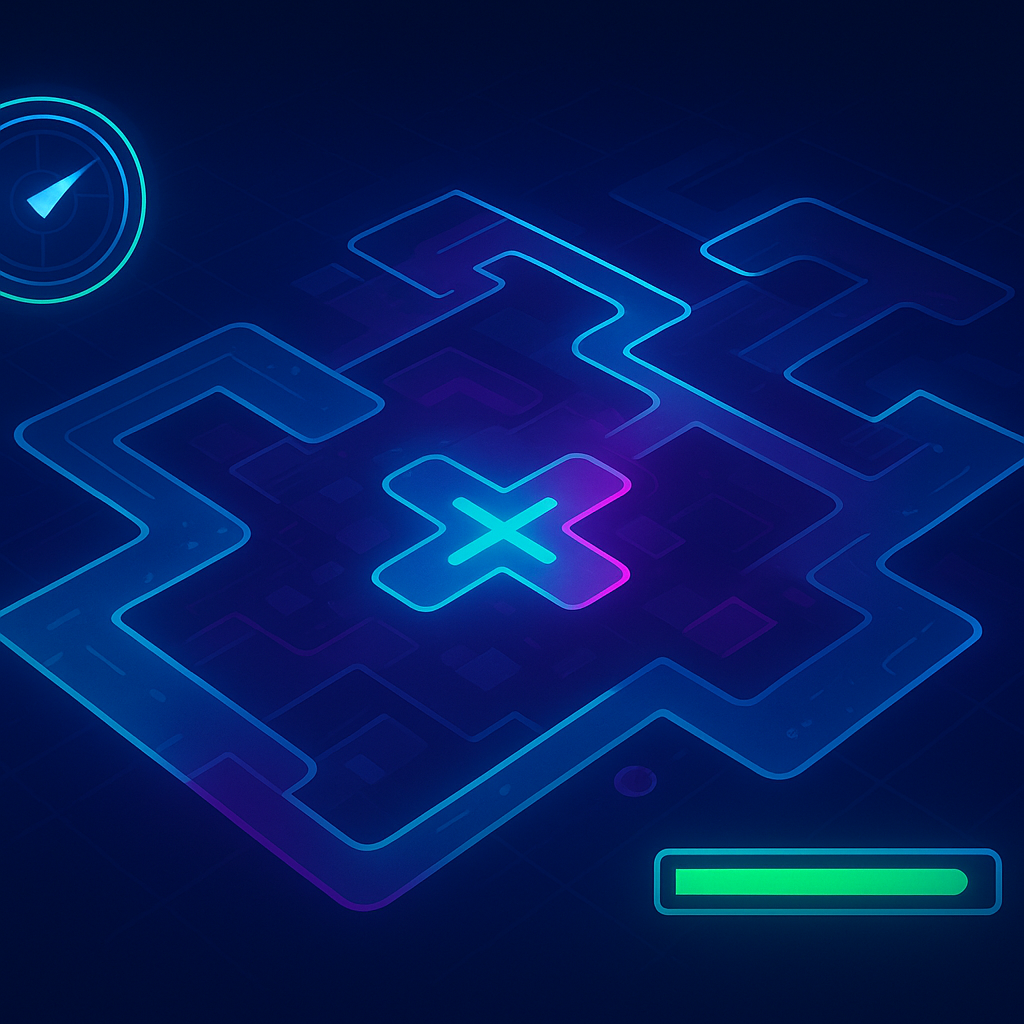PulseArc hero montage: neon arcade HUD and stylized level map